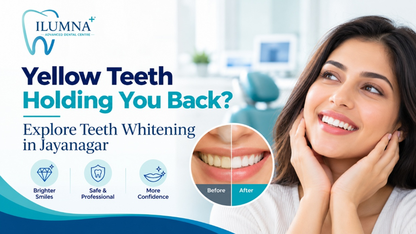 Teeth whitening in Jayanagar at iLUMNA Dental, showcasing a before-and-after comparison of yellow teeth and a brighter, whiter smile.