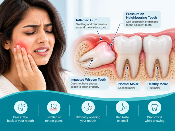 Impacted wisdom tooth causing gum inflammation and jaw pain – Dental Care in Jayanagar at iLUMNA Dental.